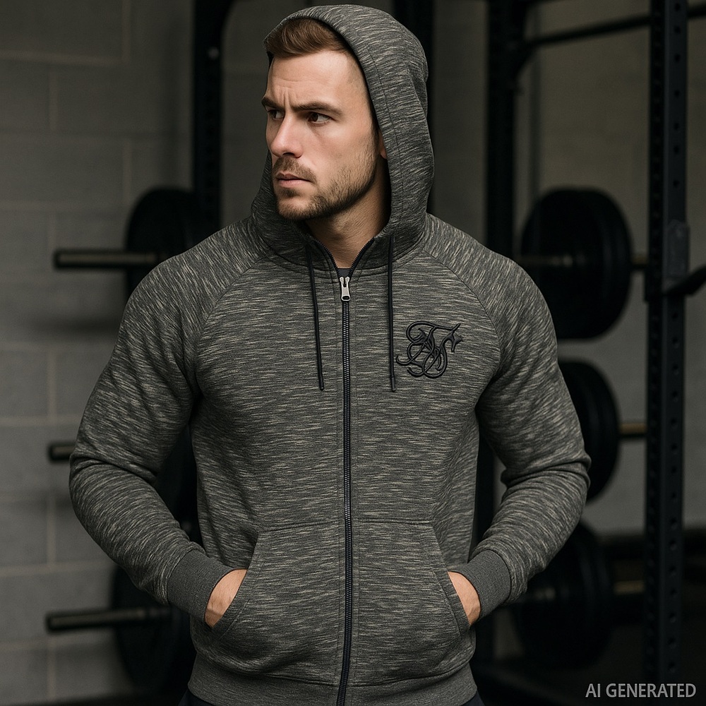 SikSilk Apex Zip Track Top Hoodie L Men’s Grey Marled Logo Streetwear